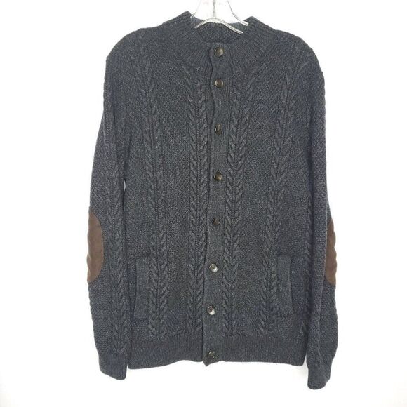 Joseph A Bank Wool Cable Knit Cardigan Sweater M Dark Gray Elbow Patches Preppy - Picture 1 of 6